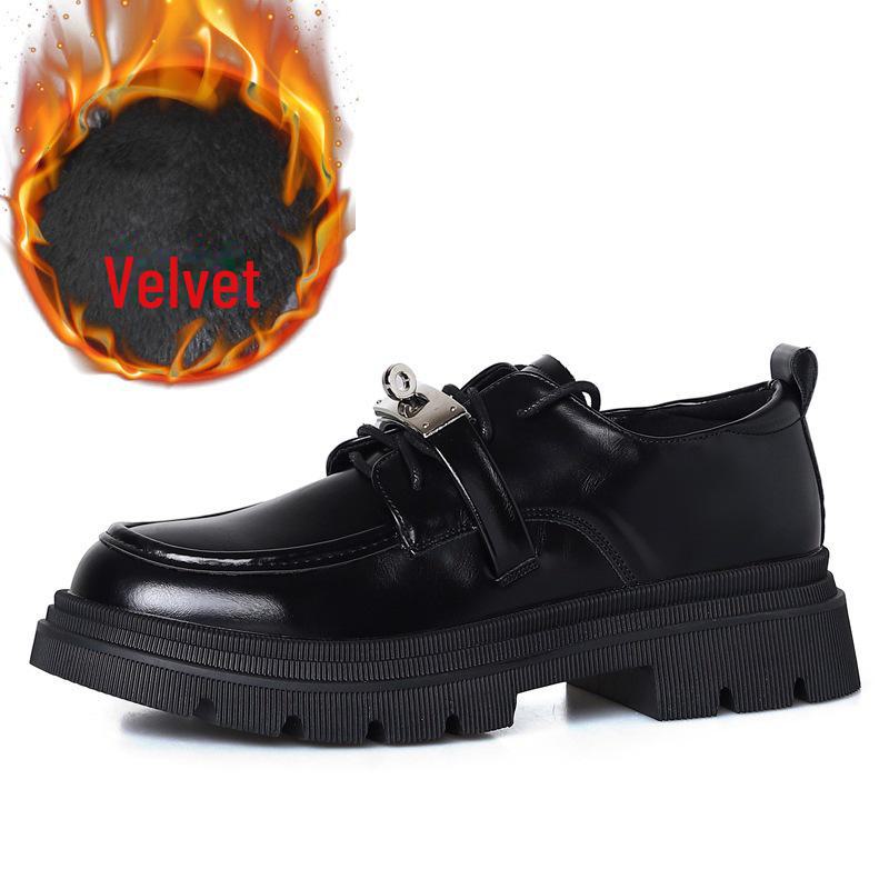 Зимние женские кожаные мокасины на толстой подошве со шнуровкой 2024 года Туфли с круглым носком и толстым каблуком velvet lining 37 3975₽