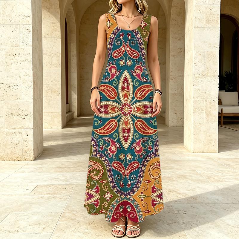 Women's Casual Sleeveless Paisley Print Maxi Dress,Loose Fit Vintage Multicolor,Comfortable for Daily Beach & Casual Outings,Versatile Stylish Wear
