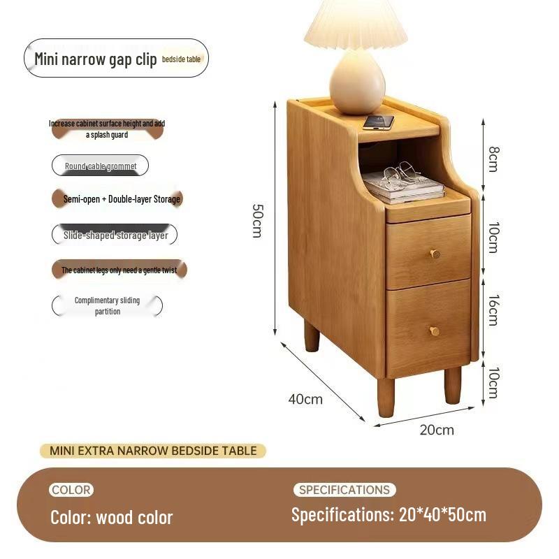 Solid Wood Ultra-Narrow Bedside Table with Storage