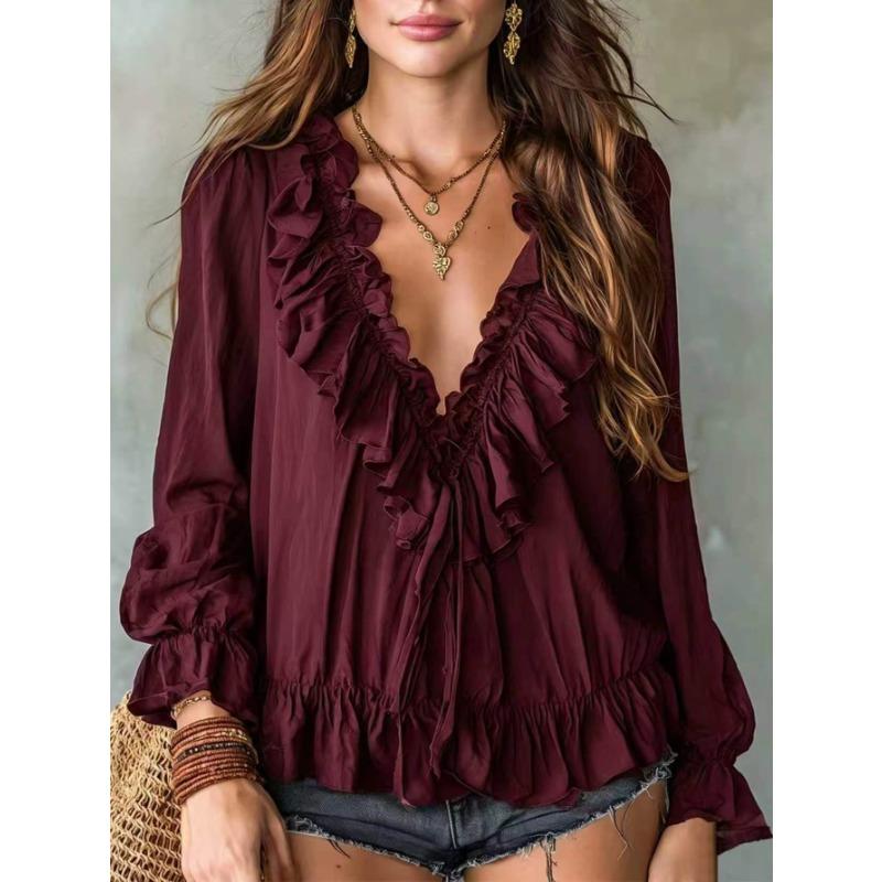 Fashion Loose V Neck Ruffle Long Sleeve Autumn Shirt For Women