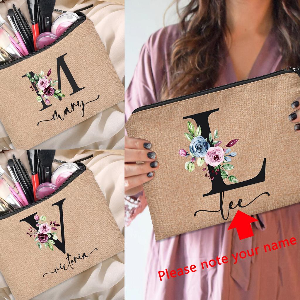 Linen Makeup Bag Customized Personalized Name Cosmetic Bag Bridesmaid Clutch Outdoor Travel Beauty  Bachelor Party Lipstick Bag