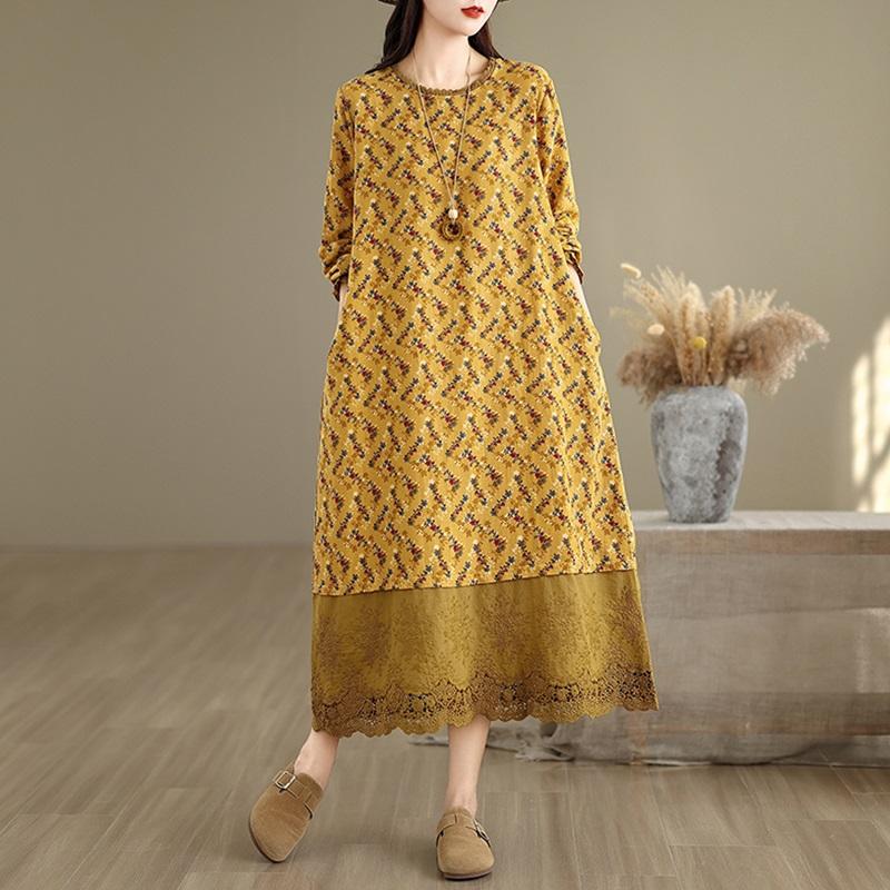 

хлопково-льняное винтажное цветочное платье с длинным рукавом большого размера, новинка, повседневное свободное длинное платье на весну-осень для женщин XXL