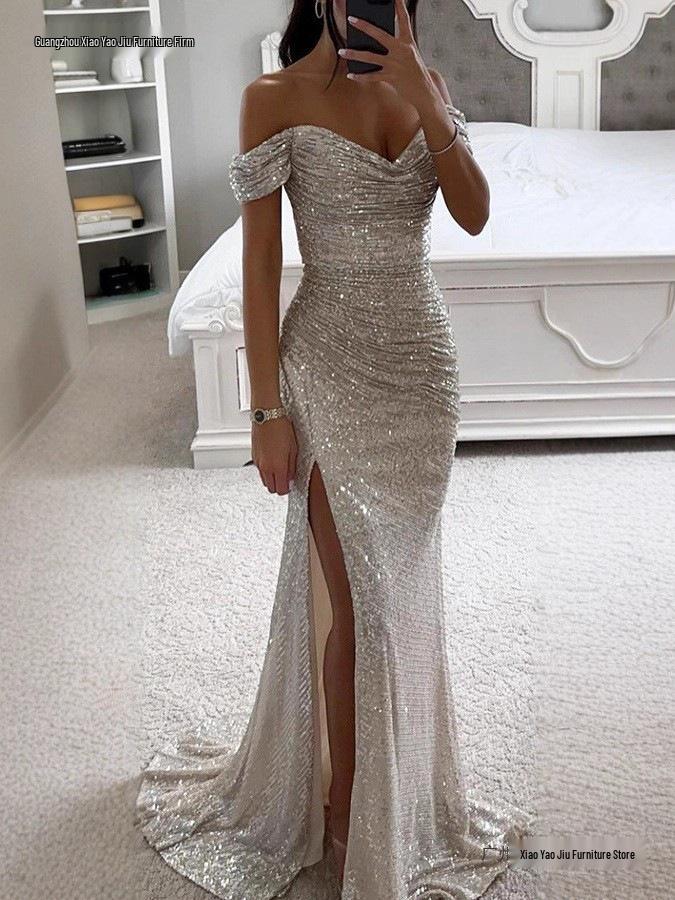 Europäisches & Amerikanisches One-Shoulder Pailletten-Schlitzkleid - Damen Freizeit Party Mode