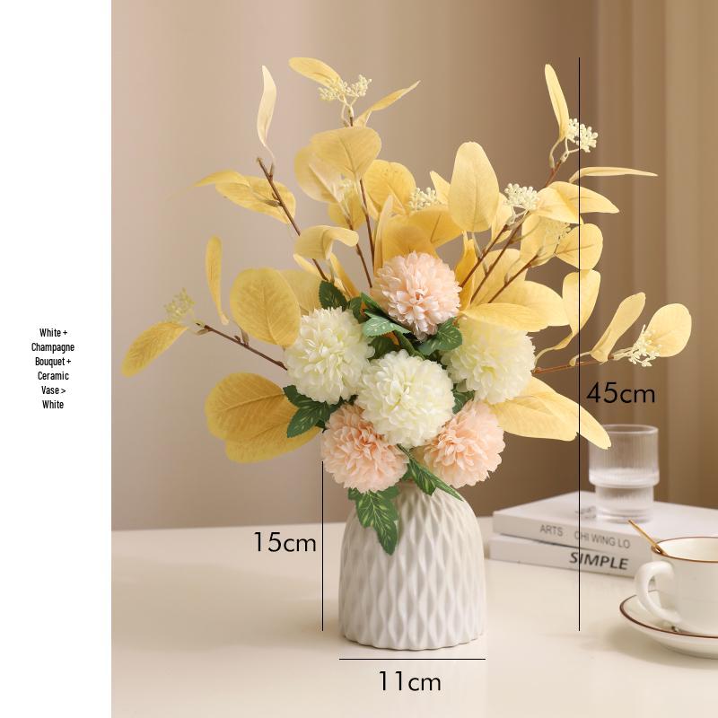 Eucalyptus Ball Chrysanthemum Bouquet in Ceramic Vase - Artificial Dried Flowers for Living Room or Dining Table Decor