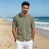Mens Linen Shirt Short Sleeve Stand Collar Casual Loose Fit Breathable Lightweight Button Down Top with Chest Pocket