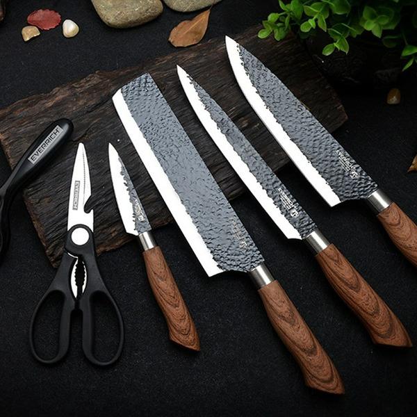 6pcs Stainless Steel Kitchen Knives Set Tools Forged Kitchen Knife Scissors Ceramic Peeler Chef Slicer Nakiri Paring Knife Gift Case
