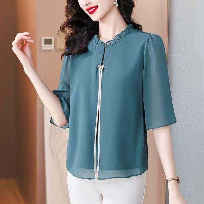 2025 Neue Mode Kurzärmeliges Chiffonhemd Rundhalsausschnitt Kurzärmelig Vielseitiges Oberteil Locker Lässig Elegantes T-Shirt