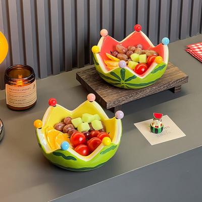 Dopamine Watermelon Ceramic Snack Platter with Stainless Steel Fruit Fork Set