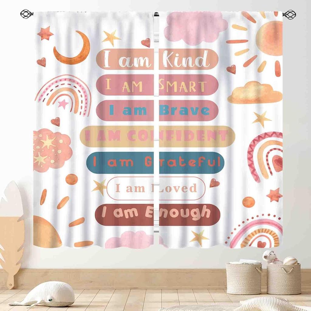 Pastel Rainbow Curtains, Kids Girls Baby Boho Cute Inspirational Motivational Quotes Rainbow Colorful Window Drapery for Bedroom