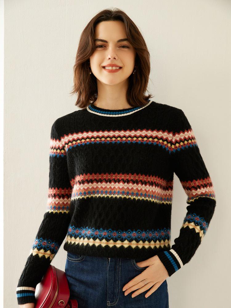 Women's Retro Jacquard Cashmere Knitwear: Color Block Round Neck for Autumn/Winter