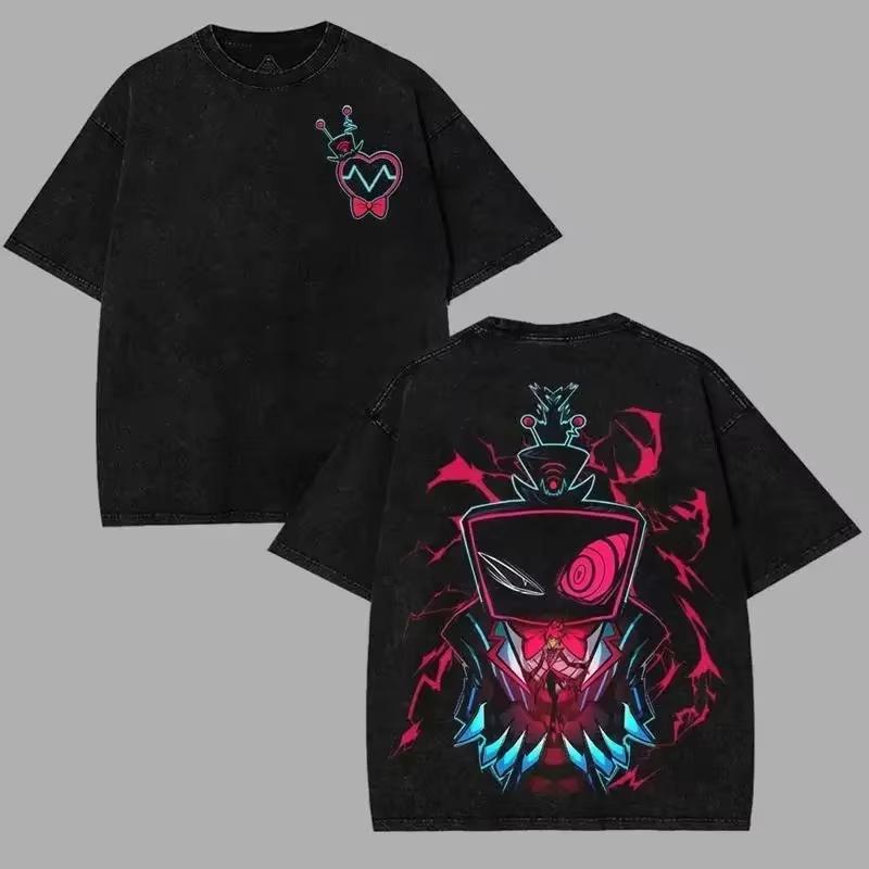 Vintage Washed Hazbin Hotel Graphic T-shirt Unisex Oversized Casual Streetwear Short Sleeve Heavy Cotton Breathable Comfortable Tee Tops