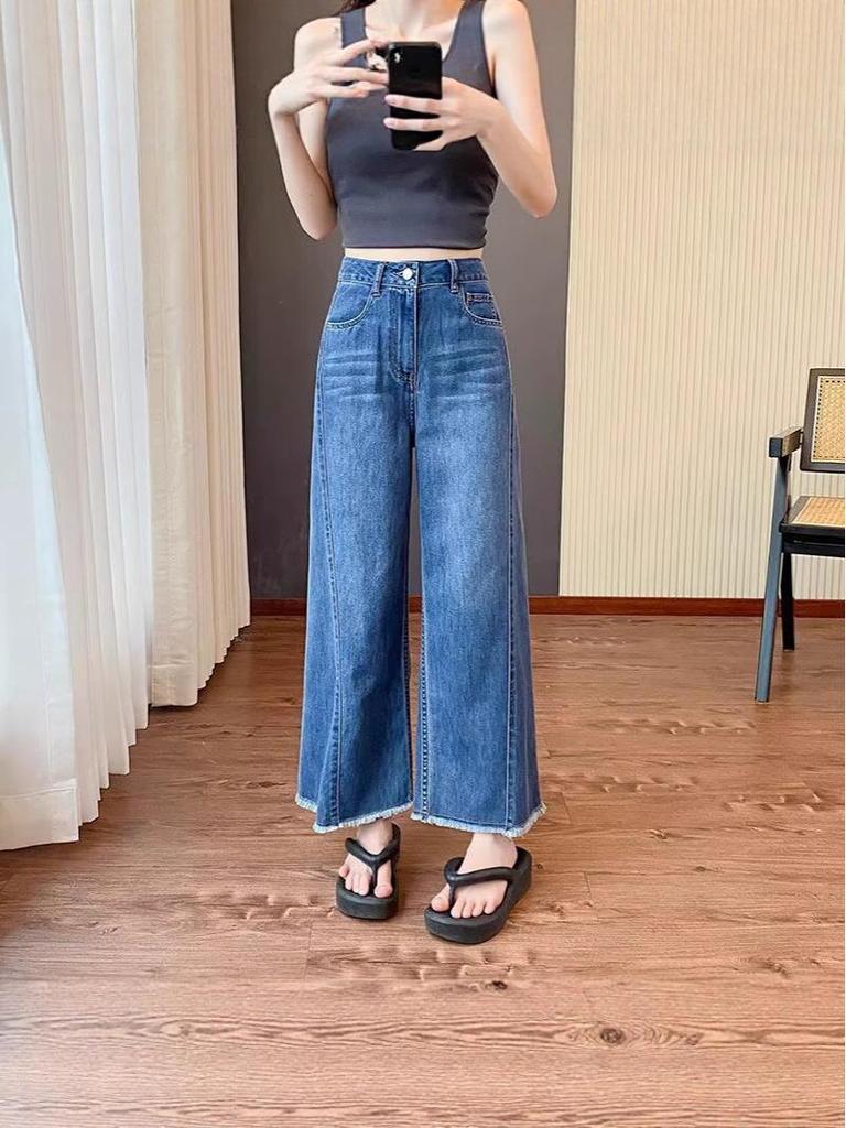 2025 Summer Women's High Waist Frayed Hem Retro Cropped Jeans - Loose, Slimming Wide Leg Style
