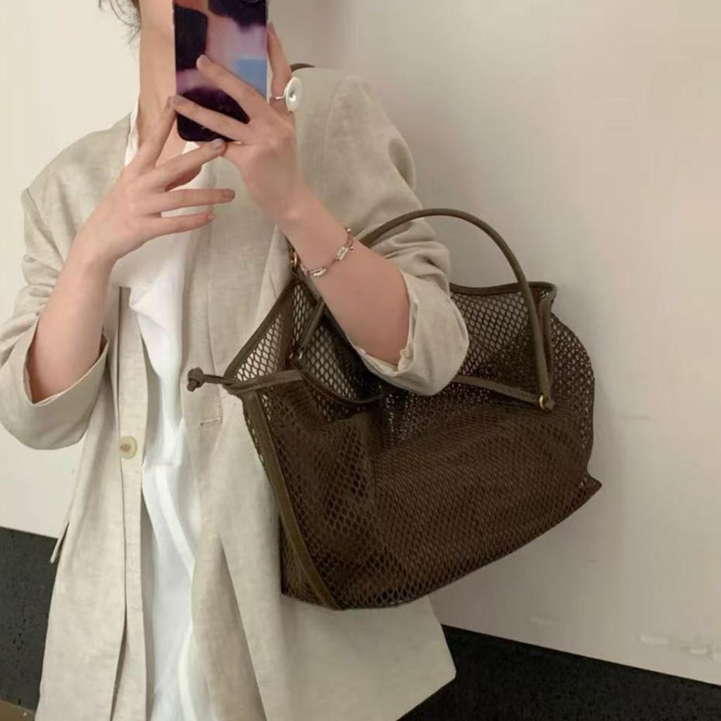 Woven Mesh Portable Tote Bag Women'S Large Capacity Spring And Summer Leisure Vacation Lazy Wind Commuter Shoulder Bag