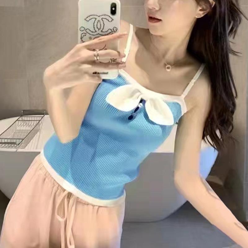 

Летний новый вырезной колор-блок бант майка женская облегающая тонкая узкая сексуальная сладкая и пикантная базовая майка One size