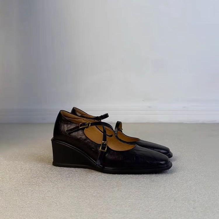 Sheepskin version--new wedge heel cross strap single shoes square head solid color soft sole casual simple and easy to walk single shoes