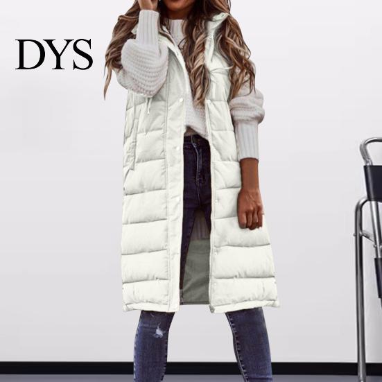 Winter Waistcoat Women Vest Coat Hooded Solid Color Zipper Closure Drawstring Padded Sleeveless Thick Mid Length Windproof Warm Lady Long