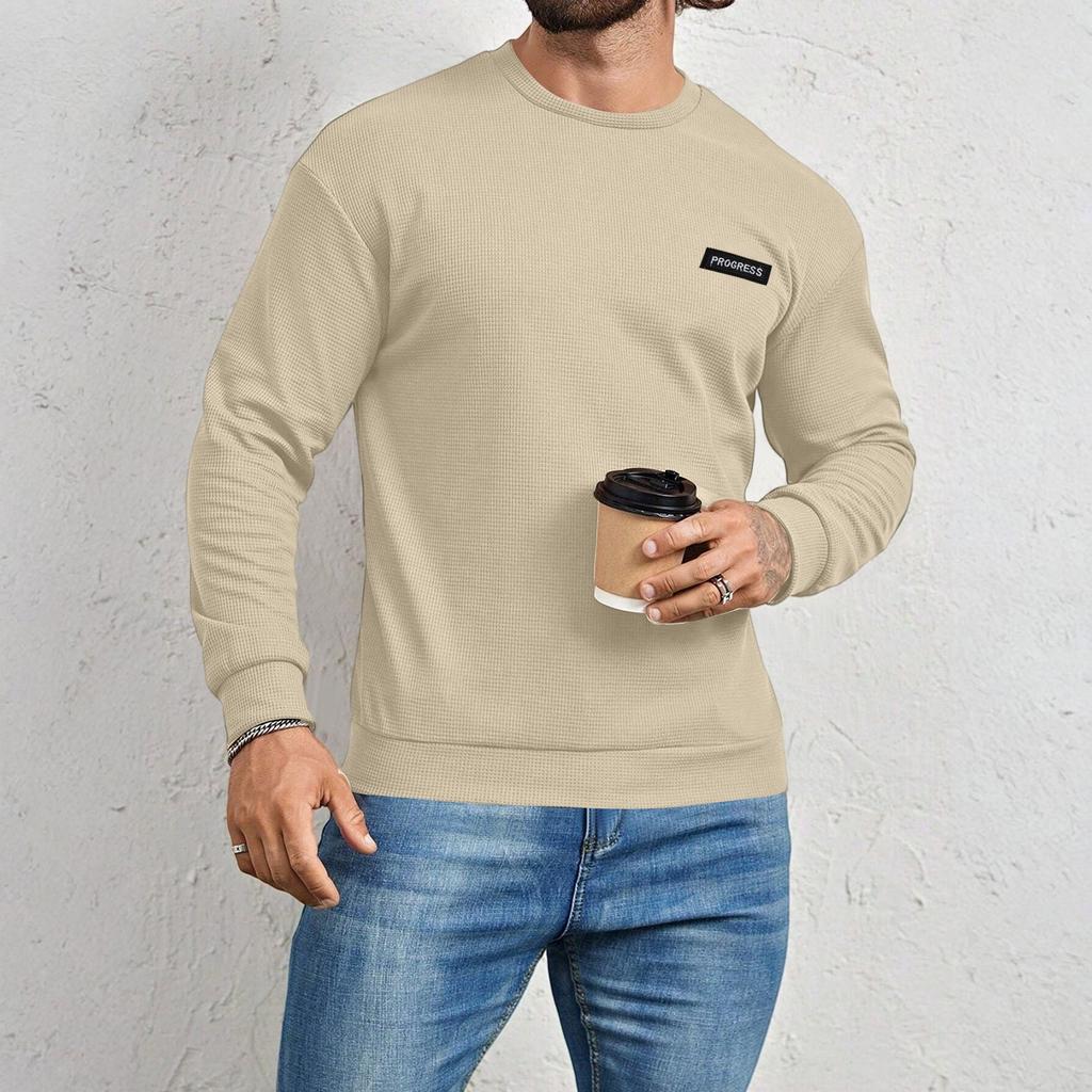 Men's Long-sleeved Plaid Shirt Men's Round Neck Solid Color Sweatshirt Top