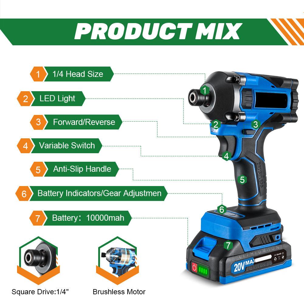 300N.m Brushless Electric Drill Screwdriver 1/4 Inch Cordless Handheld Electric Impact Wrench Portable Repair Power Tool