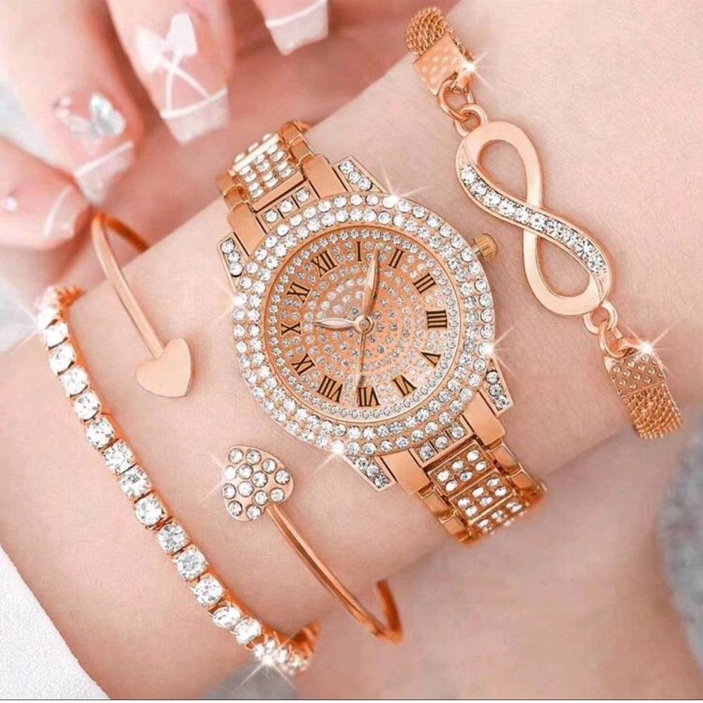 Ladies Watch Set, Steel Belt Full of Diamonds, High-end Quartz Watch Temperament, Business Leisure Watch Wholesale
