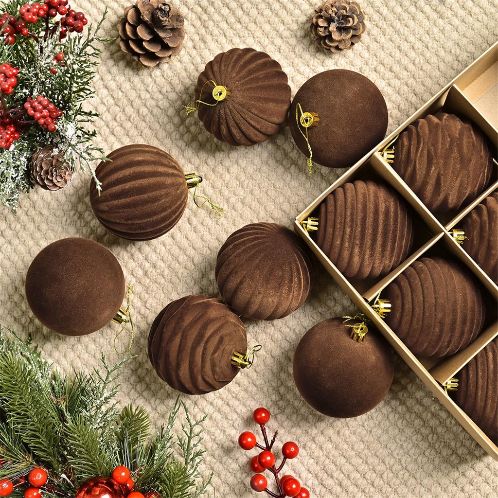 Flocked Christmas Ball 8cm Brown Gift Box Set Christmas Ornament Tree Decor Holiday Hanging Pendant Christmas Scene Arrangement
