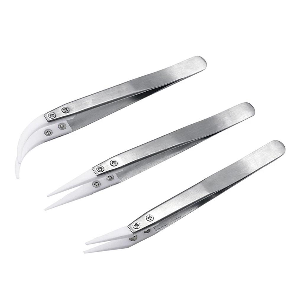 3pcs Anti Static Ceramic Tip Tweezers Stainless Steel Handles Precision Set Includes Little Curved Big Curved and Straight