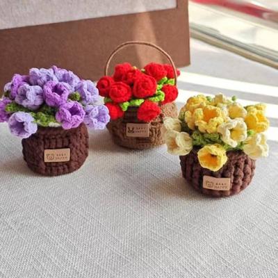 Häkel-Untersetzer mit Rose und Blumentopf, handgestrickter Blumenstrauß-Untersetzer, Kaffeetisch-Tassenunterlage, Platzdeckchen, Heim- und Bürodekoration