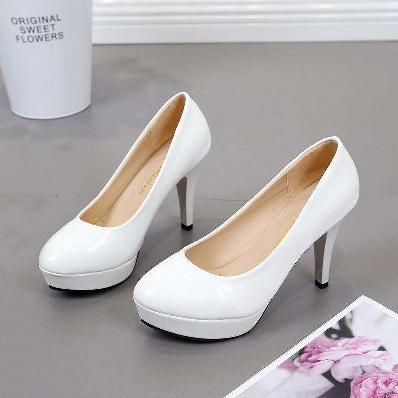 Spring and summer new super high heels shoes black waterproof patent leather light mouth round head waterproof table single shoes sexy and thin