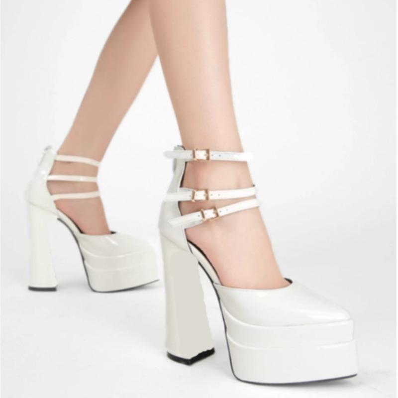 Pointed Toe Patent Leather Buckle Strap Block Heel Single Platform Super High Heel Women's Shoes