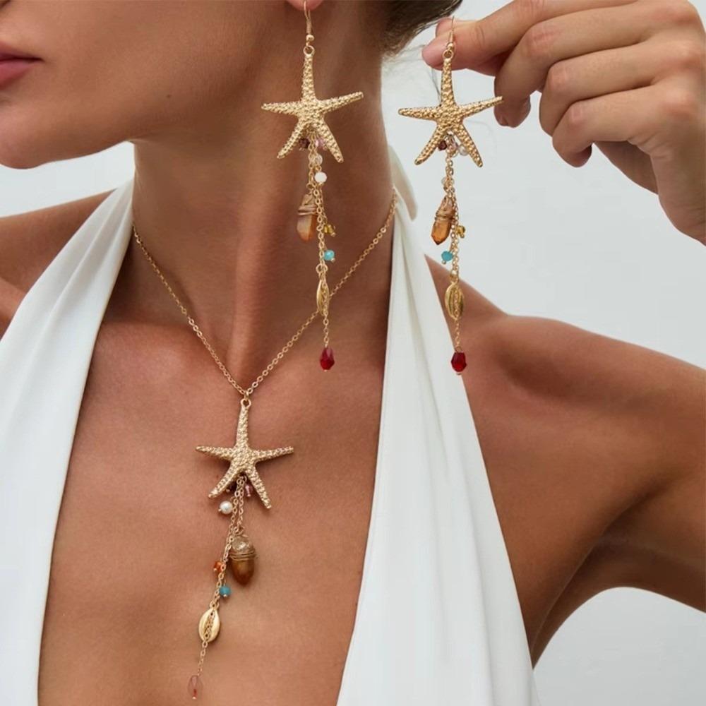 Crystal Pendant Starfish Shell Earrings Long Tassel Sea Series Necklace Resort Wear