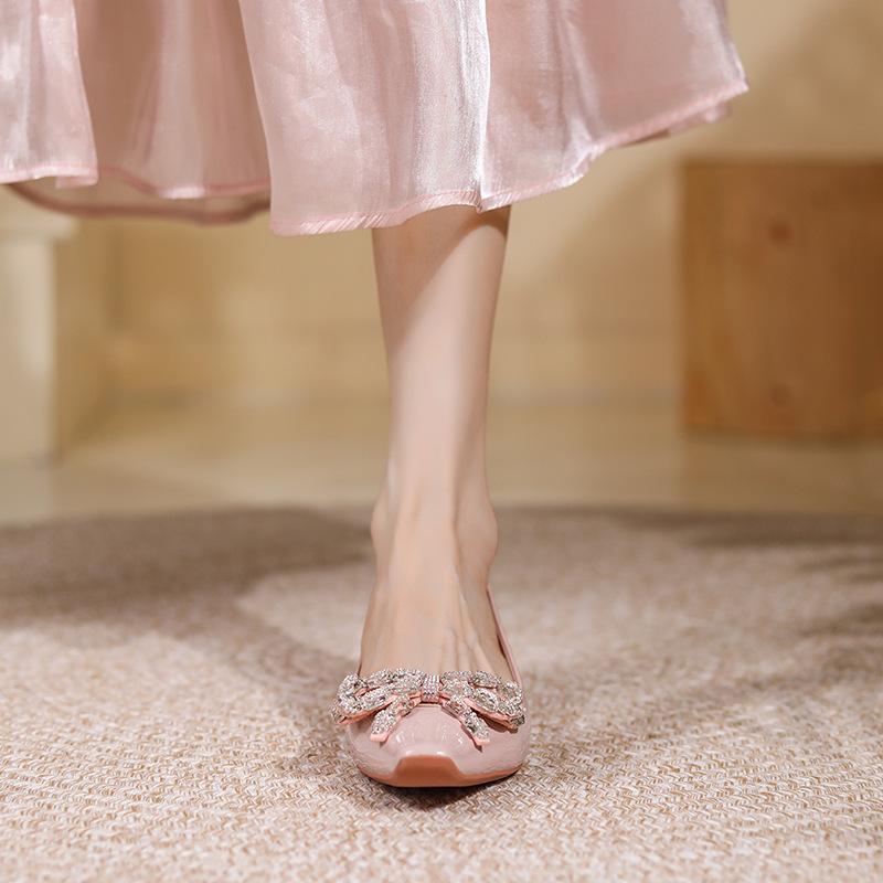 7318-6 Scarpe da sposa francesi tacco basso fondo piatto punta quadrata anno sposa damigella d'onore scarpe tacco spesso strass scarpe singole