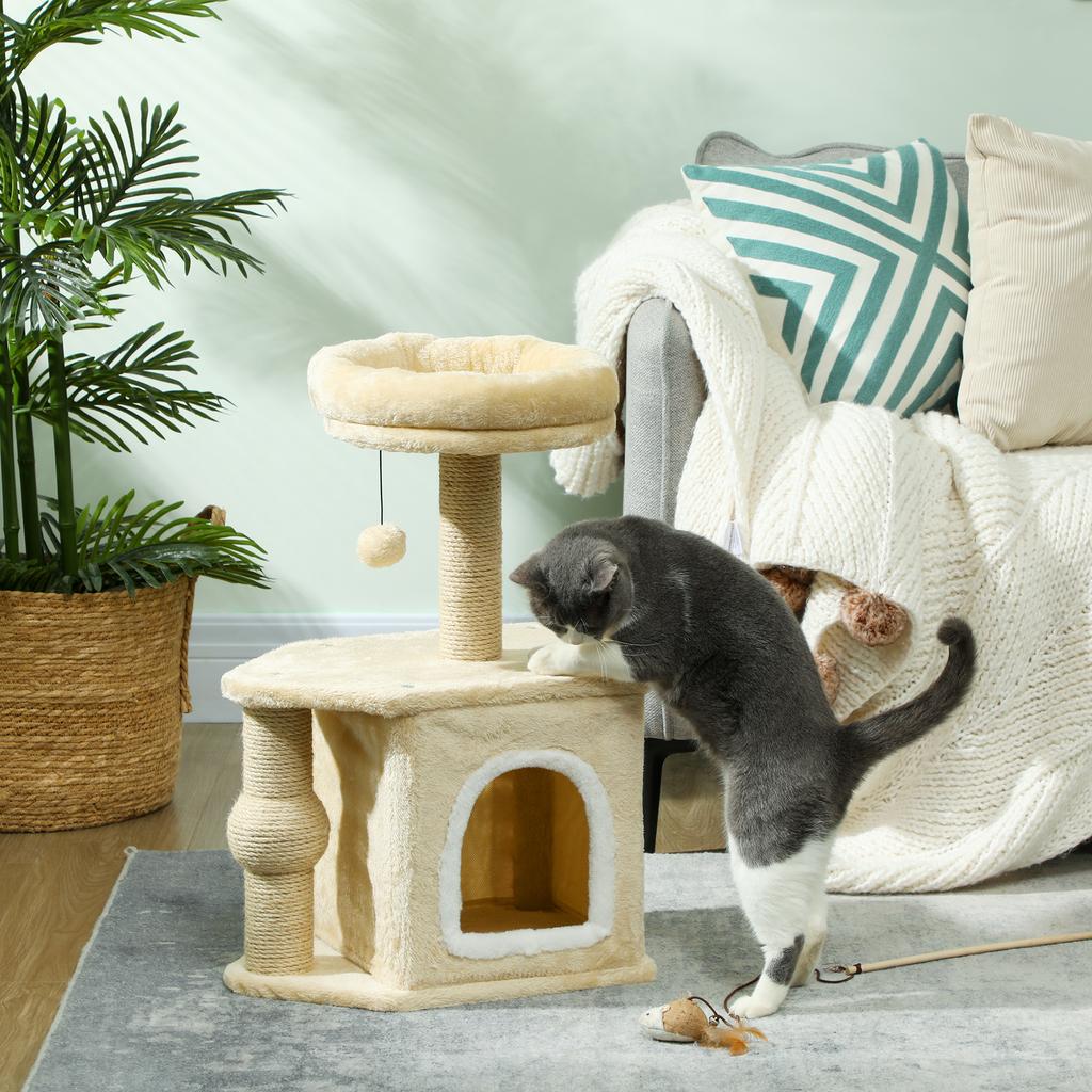 Cat Tree 66 cm Height Cat Tower with Bed Cave Platform Hanging Ball and Jute Post Beige