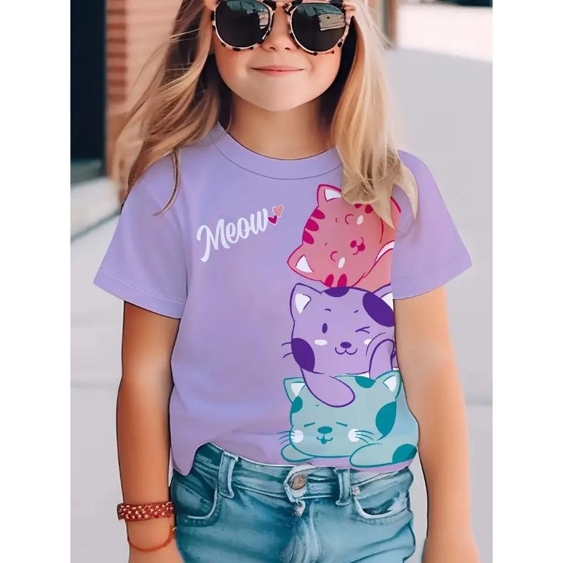 Children's Short Sleeved T-shirt Girls' Round Neck Summer Cat Print Fashionable Casual Versatile T Shirt