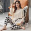Women's Cotton V-Neck Pajama Set - Long Sleeve, Solid Color, Bear Print, Loose Fit, Spring/Autumn