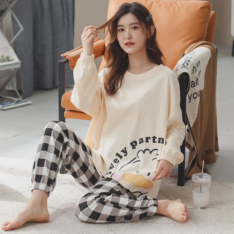 Women's Cotton V-Neck Pajama Set - Long Sleeve, Solid Color, Bear Print, Loose Fit, Spring/Autumn