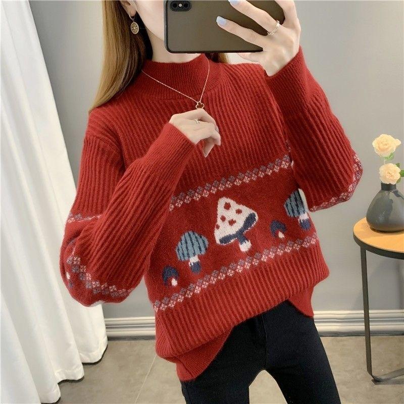 

Свитер для женщин Осень Зима Утепленный Теплый Вязаный Эластичный С длинным рукавом Топы XXL красный