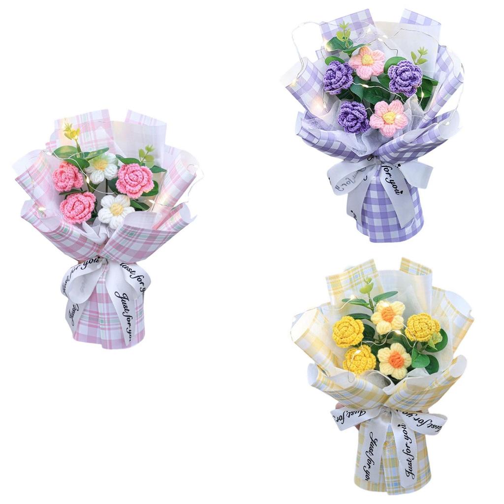Crochet Flowers Bouquet Decorative with Light Delicate Knitted Bouquet for Anniversary Festival Women Friends Mom