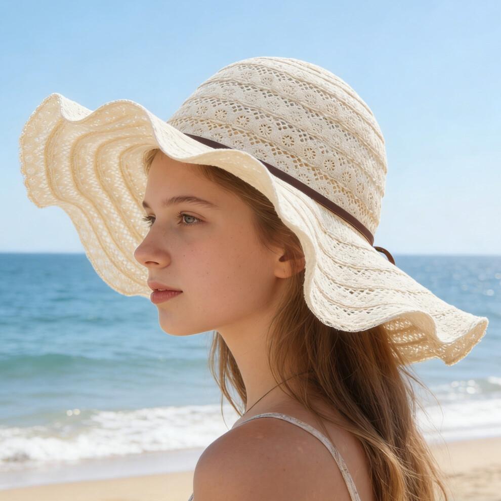 (Einheitsgröße, beige) Damen Sommerstrohhut Eleganter Floppy-Hut mit breiter Krempe Strandkappe Leichter Spitzen-Sonnenhut