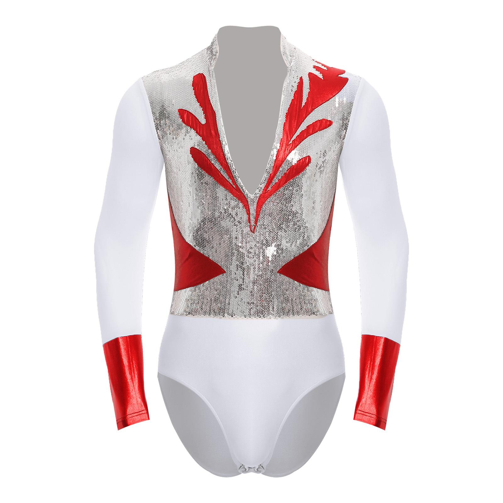 

Mens Figure Skating Bodysuit Shiny Sequin V Neck Long Sleeve Leotard Ballet Latin Dance Performance Wear S червоний