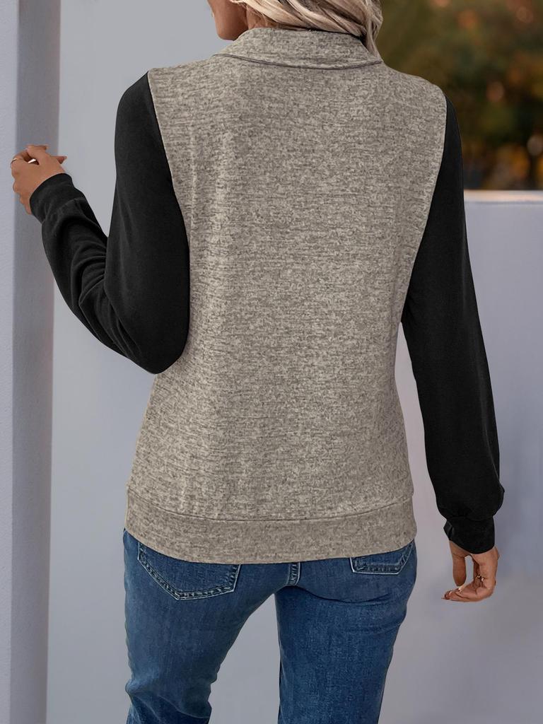 European and American Color Block Patchwork Zipper Hoodie: Women's Autumn/Winter Casual Versatile Pullover with Lapel.