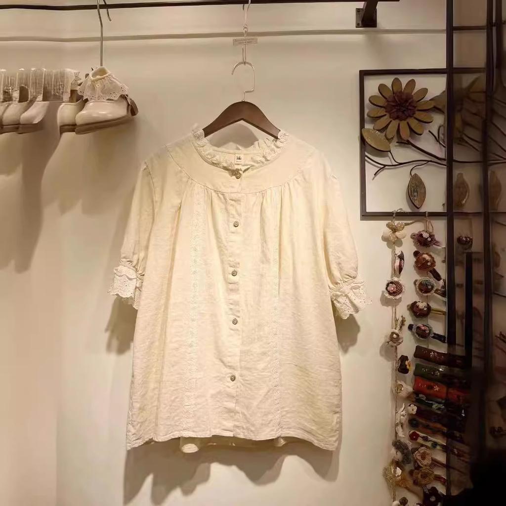 Tree Linli 1116 Summer New Women's Crew Neck Japanese Short Sleeve Top Cardigan Mori Women's Single-breasted