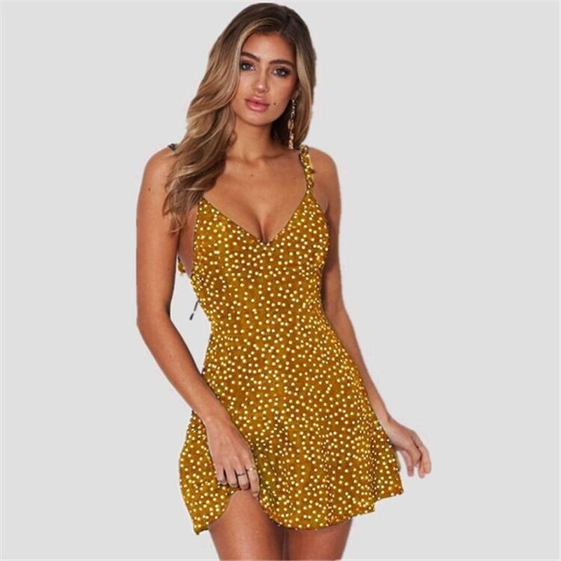 Women V-Neck Strap Open Back Sexy Print Sleeveless Shift Above Knee Slip Dress