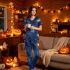 Women's V-Neck Short Sleeve Scrub Set with Pockets, Halloween Print 2-Piece Uniform for Work