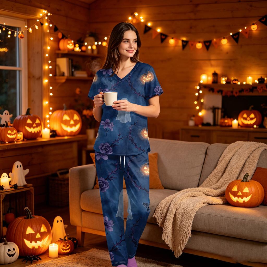 Women's V-Neck Short Sleeve Scrub Set with Pockets, Halloween Print 2-Piece Uniform for Work