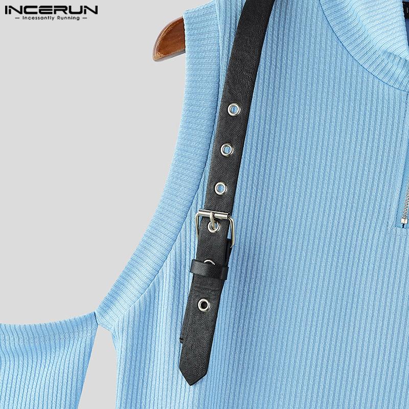 INCERUN Maglietta casual attillata irregolare con collo alto e spalle scoperte da uomo, con cerniera