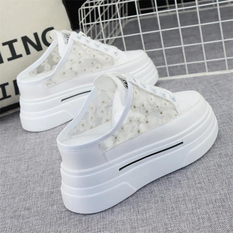 Fashion Baotou Semi-slippers Women's Summer New Outer Wear Embroidery Mesh Breathable Slip-on  Increase 8cm Sandals Sneakers