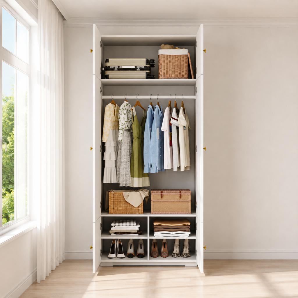 White, 90 x 50 x 200 cm, tall hinged door wardrobe, with 1 clothes rail and 5 storage compartments, for bedroom, children's room and office