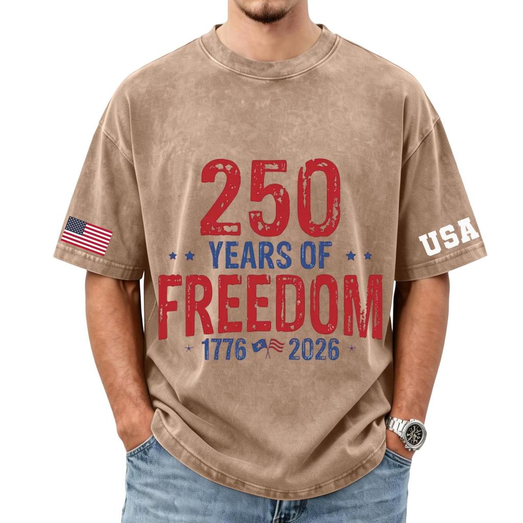 Men's loose and casual flag letter print T-shirt - Men's trendy washed short-sleeved top