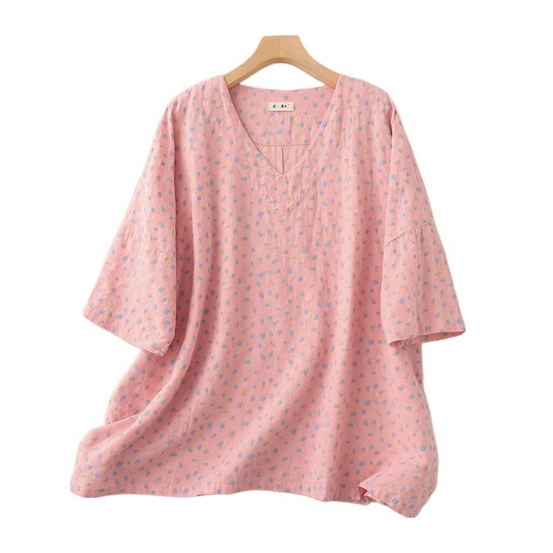 Summer Retro Floral Linen Pullover - Artistic Fresh Five-Sleeve Top