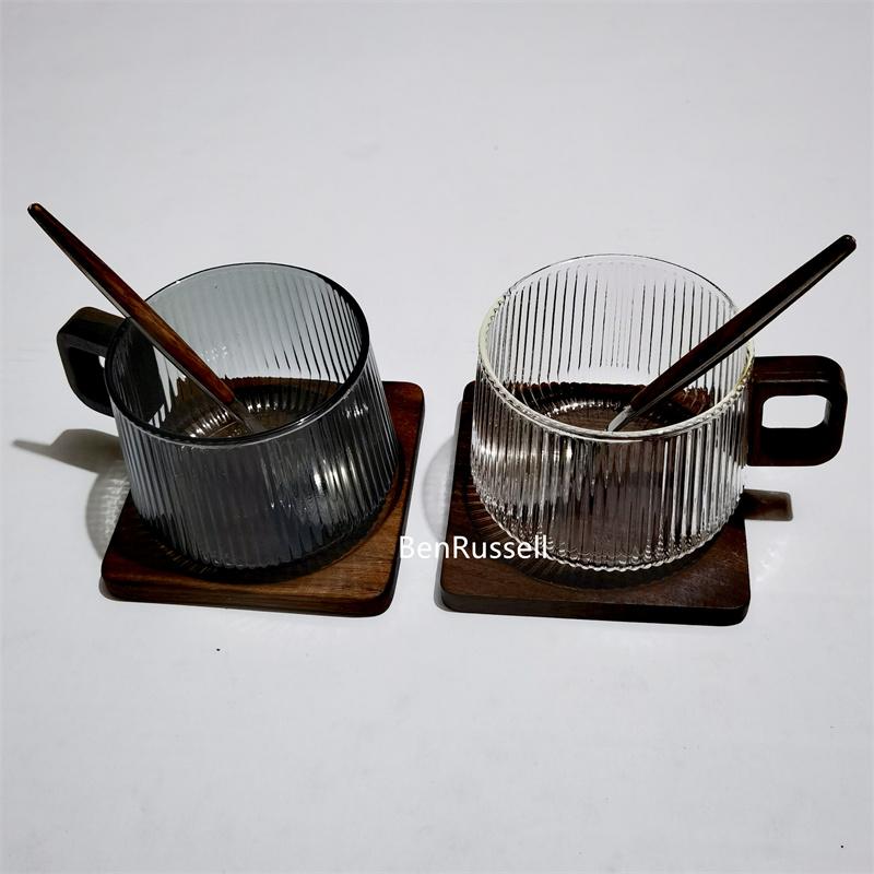 300ml Hitzebeständiges Streifen Americano Latte Glas Kaffeetasse mit Holztablett Löffel Milch Tee Tasse Tasse für frisch gemahlenen Kaffee