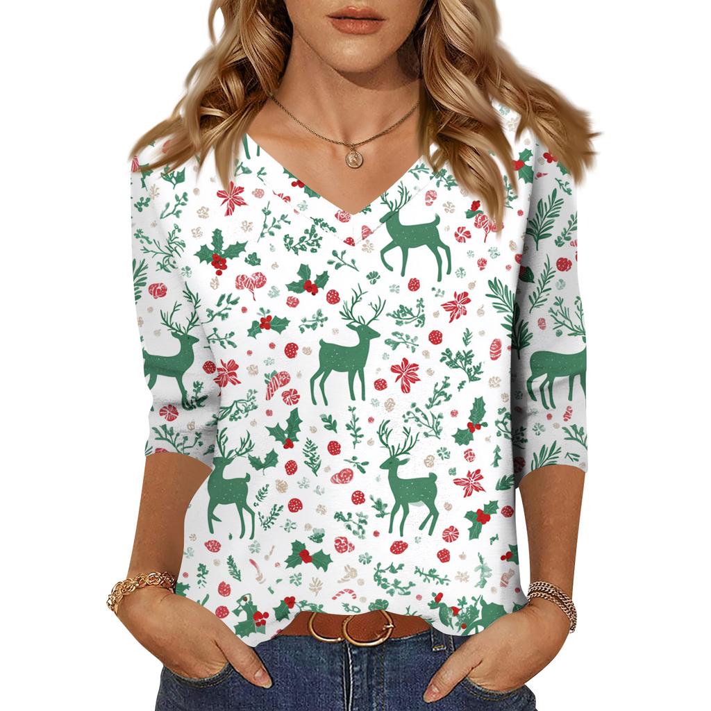 Women's Tops Three-quarter Sleeve Shirt V-neck Loose Casual Shirt Print T-shirt